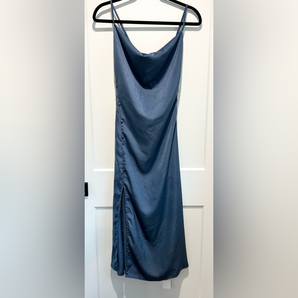 Cider Blue Satin Slip Dress NWT Size S Cowl Neck Wedding Guest Cocktail Party - Picture 2 of 9